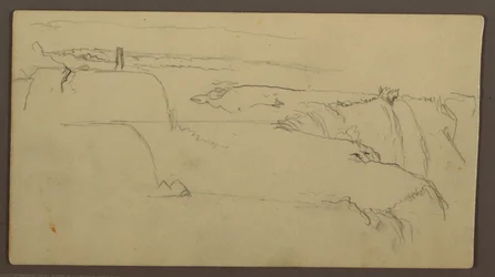 Teckning, Solnedgång över bank med fartyg, 1858