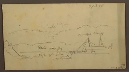 Teckning, Solnedgång över bank med fartyg, 1858