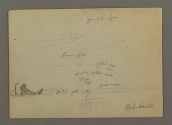 Teckning, Solnedgång över havet, ångbåt, möjligen 1868