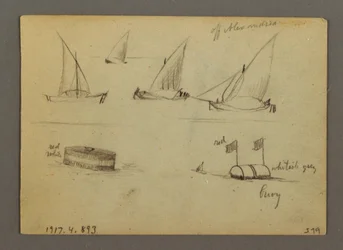 Teckning, Solnedgång över havet, ångbåt, möjligen 1868