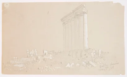 Teckning, Jupitertemplet vid soluppgången, Baalbek, 7 maj 1868