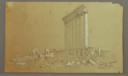Teckning, Jupitertemplet vid soluppgången, Baalbek, 7 maj 1868