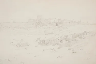 Teckning, Templen på morgonen, Baalbek, 12 maj 1868