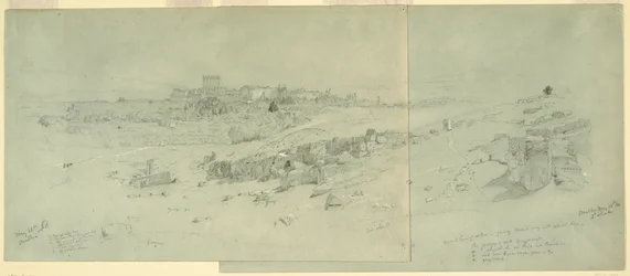Teckning, Templen på morgonen, Baalbek, 12 maj 1868