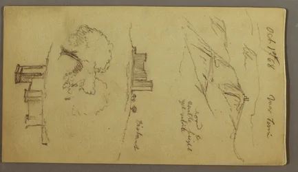 Teckning, Tre studier av slott på bergstopp, 1 oktober 1868