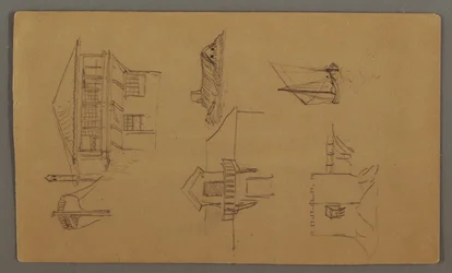 Ritning, timmerhus, två segelbåtar, takstudier, möjligen 1868
