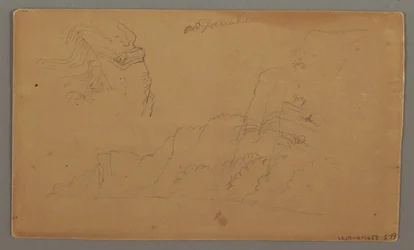 Ritning, timmerhus, två segelbåtar, takstudier, möjligen 1868