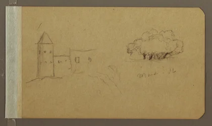 Ritning, torn, träd, mars 1862