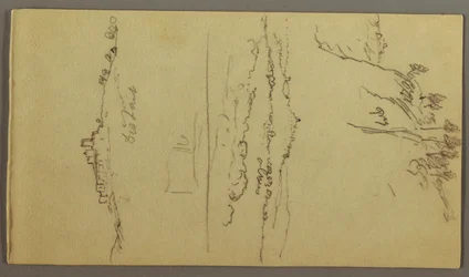 Teckning, Stad nedanför bergstopp, Stad på bergstopp, möjligen 1868-69