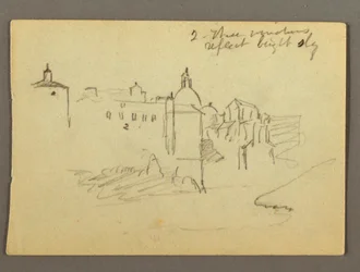 Ritning, stadsbyggnader, möjligen 1868-69