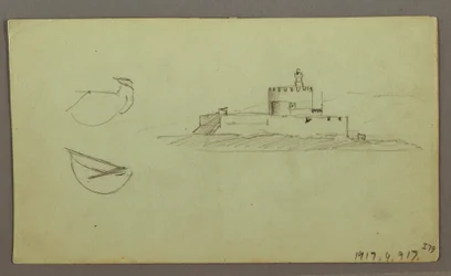 Teckning, Stad vid kusten, bergskedja bakom, 27 maj 1868