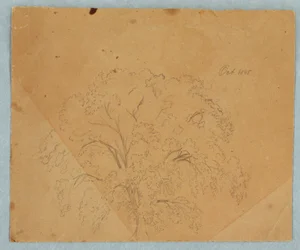 Teckning, Träd; Averso: Vy över en kyrka, två engelska kvinnor från 1636, studie av en häst, oktober 1845