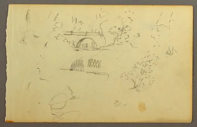 Teckning, Träd, bro, ansikten i profil, möjligen 1844