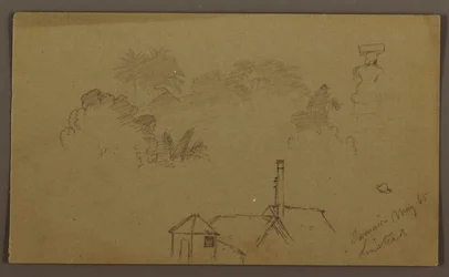 Teckning, Träd, figur, hus Linstead, maj 1865