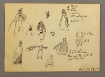 Teckning, Tolv figurskisser, Joffa, Palestina, 1868