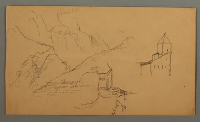 Teckning, Två kyrkor, Dal, Vattenfall, 1868