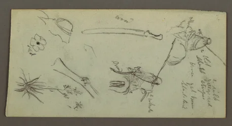 Teckning, Två figurer rider på hästar, bär spjut, svärd, nedre delen av en pistol, etc., möjligen 1868