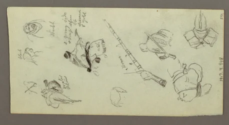 Teckning, Två figurer rider på hästar, bär spjut, svärd, nedre delen av en pistol, etc., möjligen 1868
