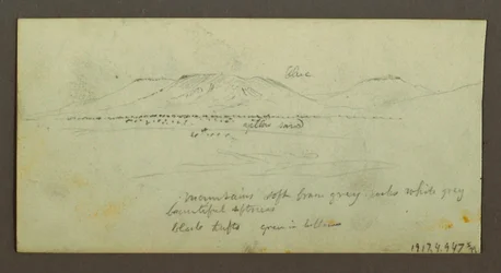 Teckning, Två figurer och två kameler vid lägereld, Figur- och kamelstudier, möjligen 1868