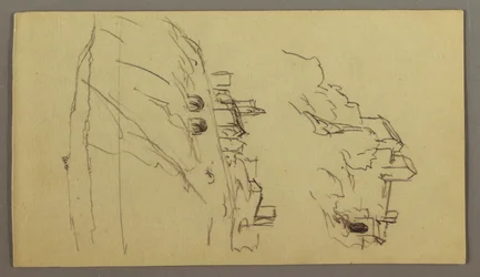 Teckning, Två studier av en stad på en bergstopp, möjligen 1868-69