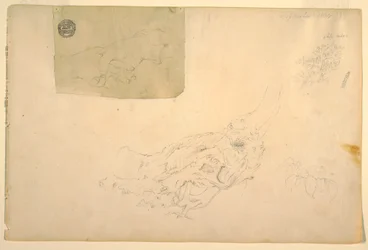 Teckning, Två händer som skakar, knotiga trädrötter, september 1844
