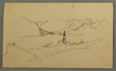 Teckning, Dal, Kyrka, St. Gilgen Österrike, möjligen 1868
