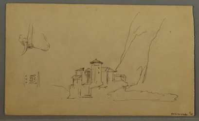 Teckning, Dal, Kyrka, St. Gilgen Österrike, möjligen 1868