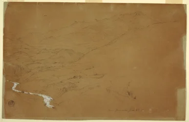 Teckning, Dal med en bäck och hus, nära Guaranda, Ecuador, 4 juni 1857