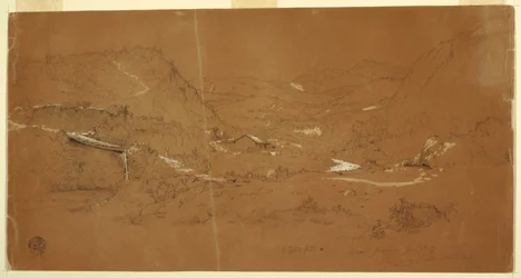 Ritning, Dal med bro och hus, nära Guaranda, Ecuador, 5 juni 1857