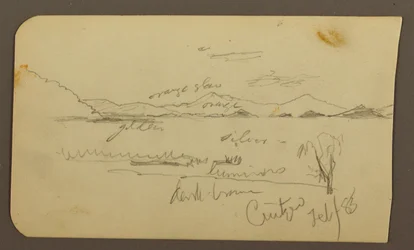 Teckning, Vy nära Lake Shore, Cuitzeo; Verso: vy nära Lake Ahore, Cuitzeo, februari 1885