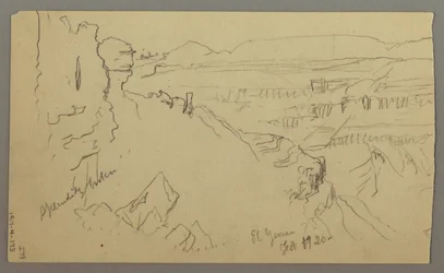 Teckning, Vy över kullarna och slätten mot bergen, El Yemens dal, februari 1868