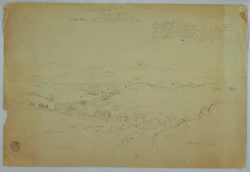 Teckning, Vy nära Popayan inklusive vulkanen Mount Purese,Cauca River, Colombia, 8 augusti 1853