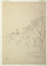 Teckning, utsikt över Olana, konstnärens hem, Hudson, New York, ca 1872