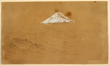 Teckning, Vy över det snötäckta berget Chimborazo ritad nära Guanojo och Guaranda, Ecuador, 12 juni 1857