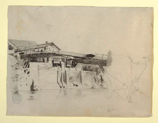 Teckning, vy över bron och husen vid Honda, Colombia, 1853