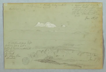 Teckning, Vy över vulkanen Artisana från eller nära Quito, och en molnig himmel över en bergsrygg, Ecuador, 23 juni 1857