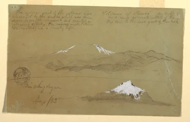 Teckning, Vyer över vulkanen Puresé, Colombia och berget Sincholagua, Ecuador, 9 augusti och 9 september 1853