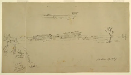 Teckning, Vyer över basilikan och Neptunustemplet, Paestum, Italien, april 1869
