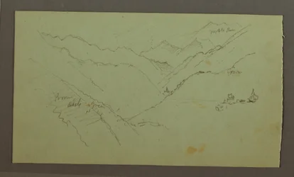 Teckning, By och brant bergsdal (Alperna), 1868-69
