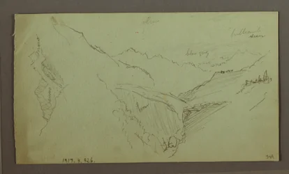 Teckning, By och brant bergsdal (Alperna), 1868-69