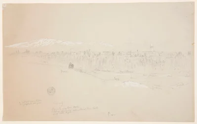 Teckning, byn Kuseiyeh, Libanonberget i fjärran, maj 1868