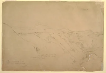 Teckning, Vulkanen Puresé och Rio de Vinagre, Purese, Colombia, augusti 1853