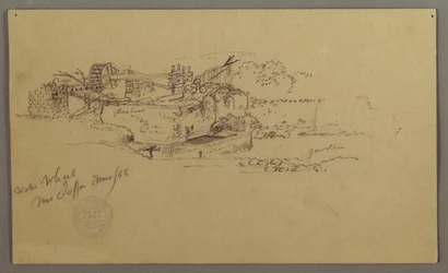 Teckning, Vattenhjul med en bassäng i en trädgård, Jaffa, Palestina [Tel Aviv, Israel], mars 1868