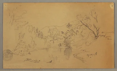 Teckning, Slingrande flod i en skogsklädd dal, Vermont, oktober 1865