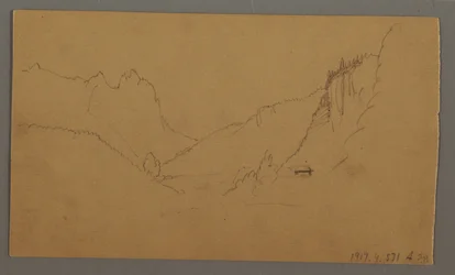 Ritning, Slingrande väg genom dal, hus, möjligen 1868