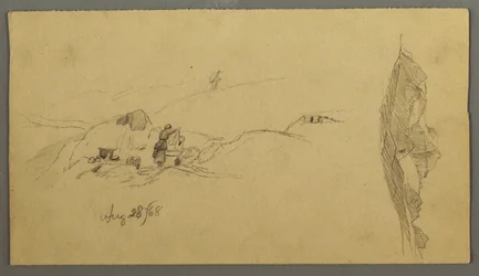 Teckning, Kvinnor tvättar sig vid ett tråg, Berg, 28 augusti 1868