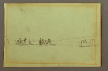Teckning, Skogsbevuxna öar, kuperad strand, möjligen 1856