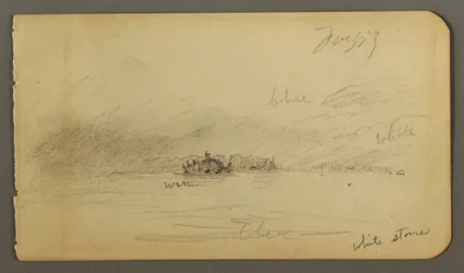 Teckning, Skogsklädd strand i dimma, möjligen 1878