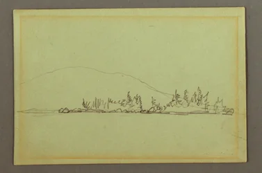 Teckning, Skogsklädd strand, berg, möjligen 1856