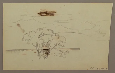 Teckning, Trädbevuxen sluttning, bergslandskap, 1863